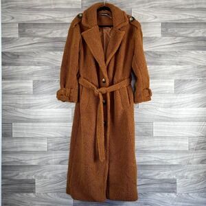 PRETTYLITTLETHING Teddy Coat Womens Size 0 Brown Sherpa Fleece Belted Waist Cozy